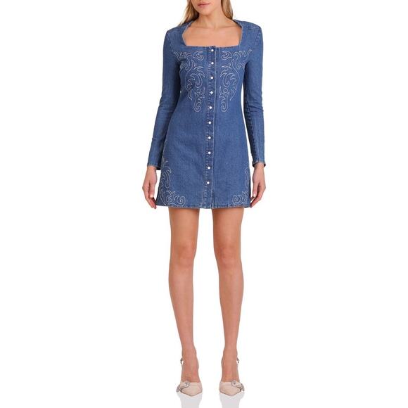 Avec Les Filles Western Long Sleeve Denim Minidress Provence Wash Size 8 NWT - Picture 1 of 9